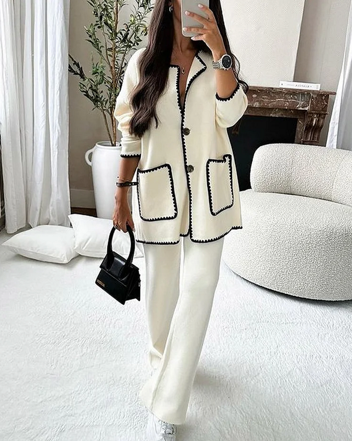 Mirta long blazer two-piece pant suit in white, front view