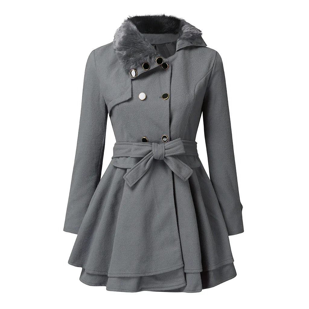Myrtle belted trench coat with faux fur collar and cuffs, front view