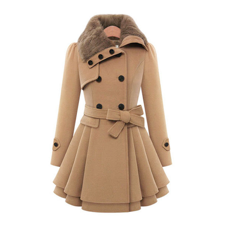 Belted trench coat with faux fur collar and cuffs, side view
