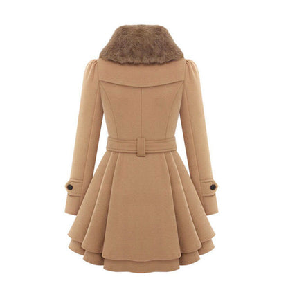 Belted trench coat with faux fur collar and cuffs, back view