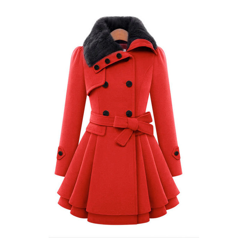 Belted trench coat with faux fur collar and cuffs, close-up of the collar