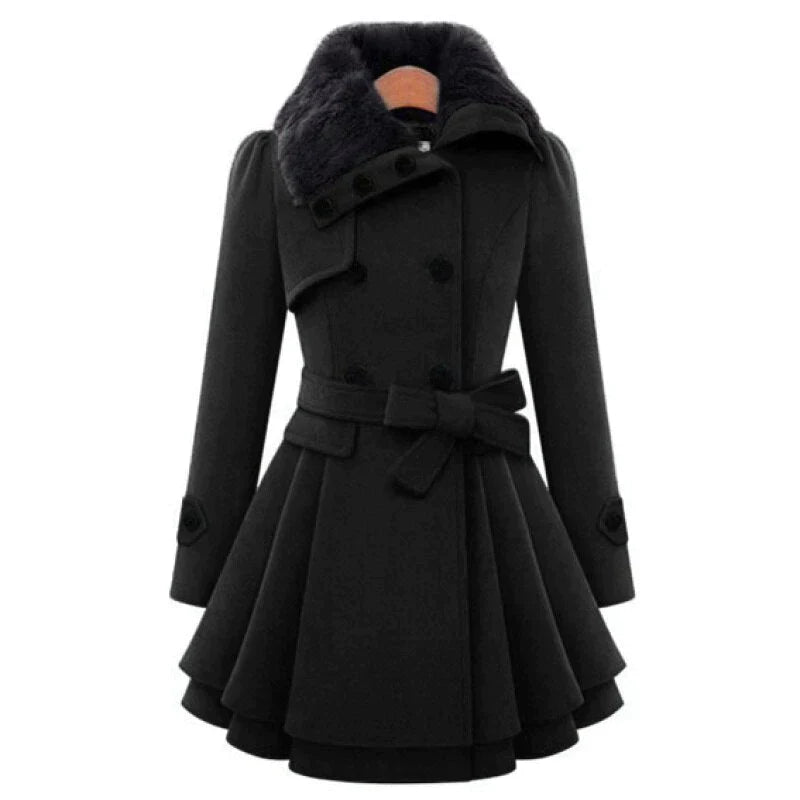 Belted trench coat with faux fur collar and cuffs, close-up of the fabric