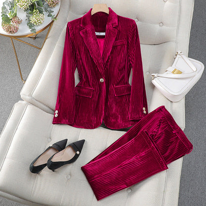 Nettie long blazer and straight-leg trouser suit, front view