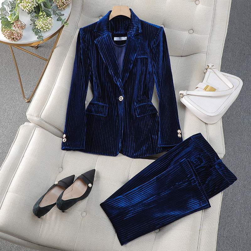 Long blazer and straight-leg trouser suit, side view