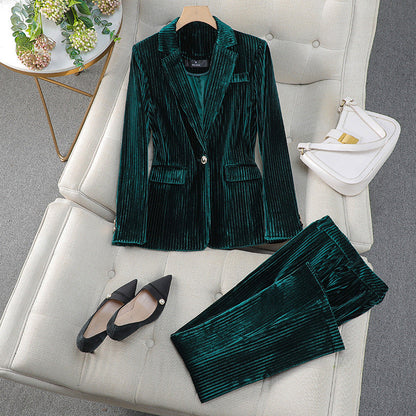 Long blazer and straight-leg trouser suit, back view