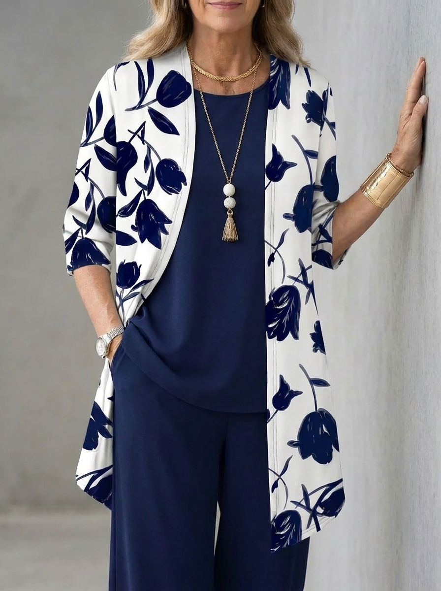 Ninette three-piece set with printed cardigan