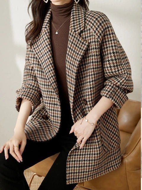 Double-breasted houndstooth blazer coat, side view