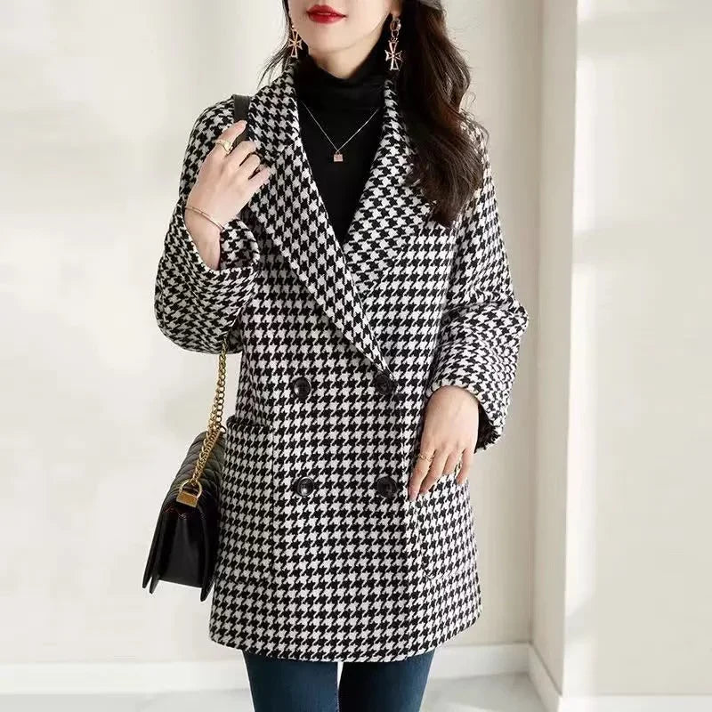 Double-breasted houndstooth blazer coat, open front view