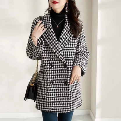 Double-breasted houndstooth blazer coat, open front view