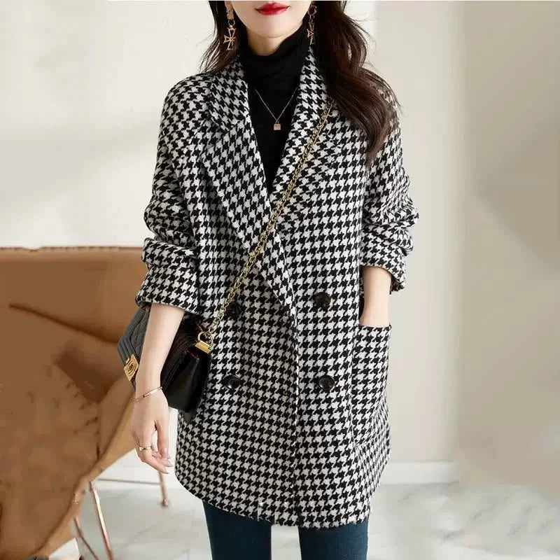 Double-breasted houndstooth blazer coat, styled view