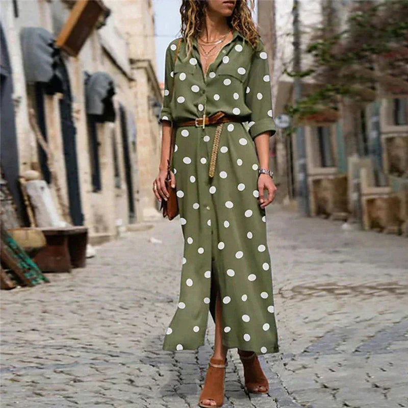 Polka dot long sleeve maxi shirt dress