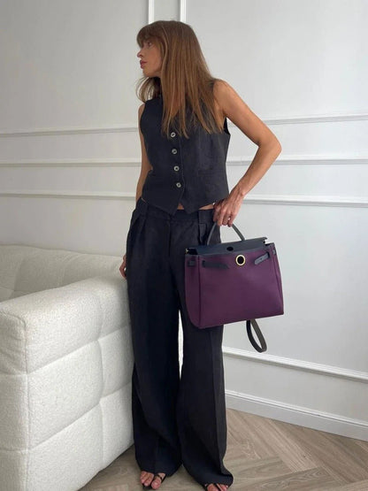Vest and high-waist trouser set in beige, front view