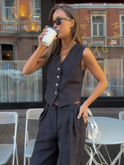 Two-piece set showing sculpted vest top