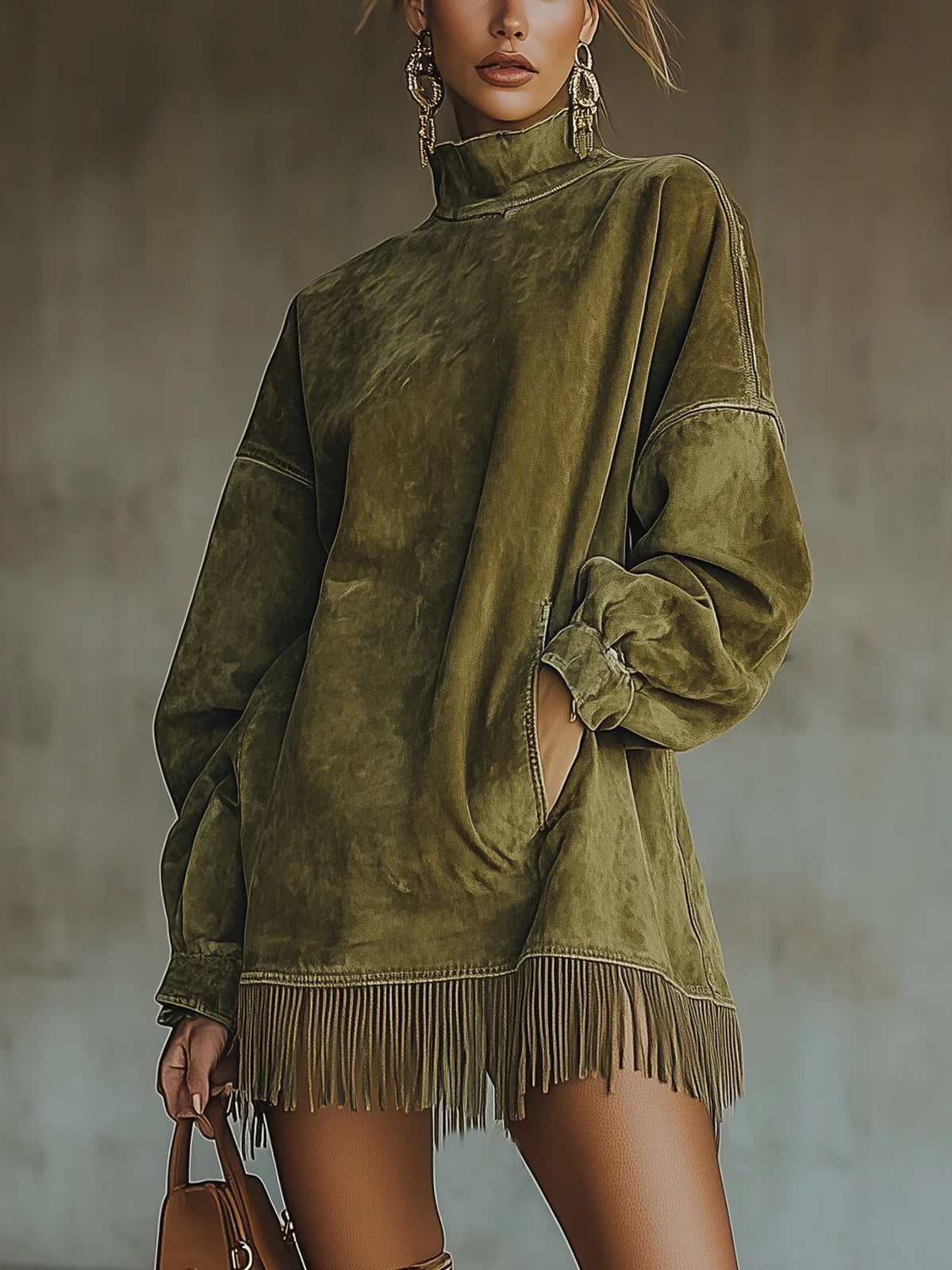 Mock turtleneck fringe mini dress, front view