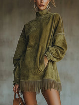 Mock turtleneck fringe mini dress, front view