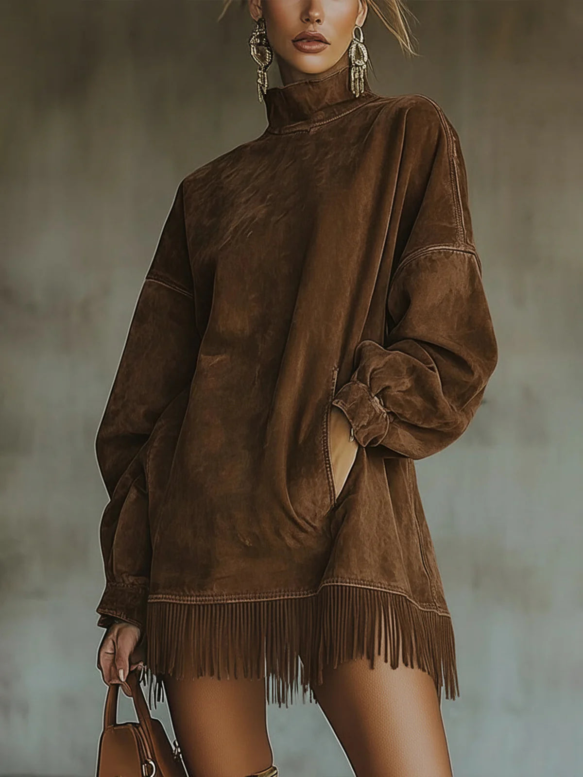 Mock turtleneck fringe mini dress, detail view