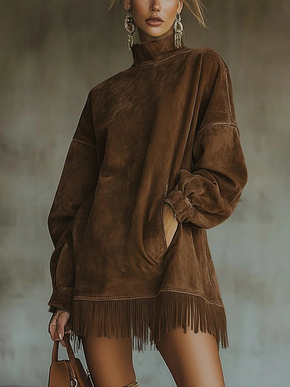 Mock turtleneck fringe mini dress, detail view