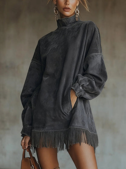 Fringe mini dress showing mock turtleneck