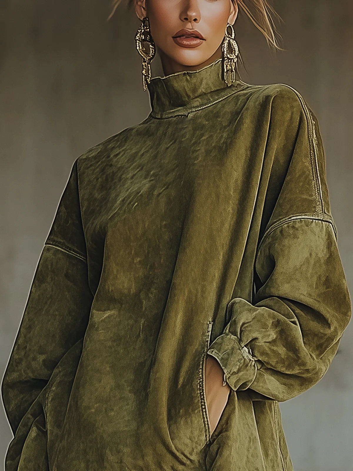 Mock turtleneck mini dress showing fringe hem