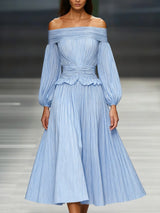 Off-shoulder pleated wedding guest midi dress for women