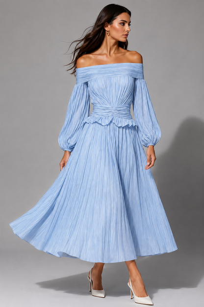 Off-shoulder pleated wedding guest midi dress for women view 2