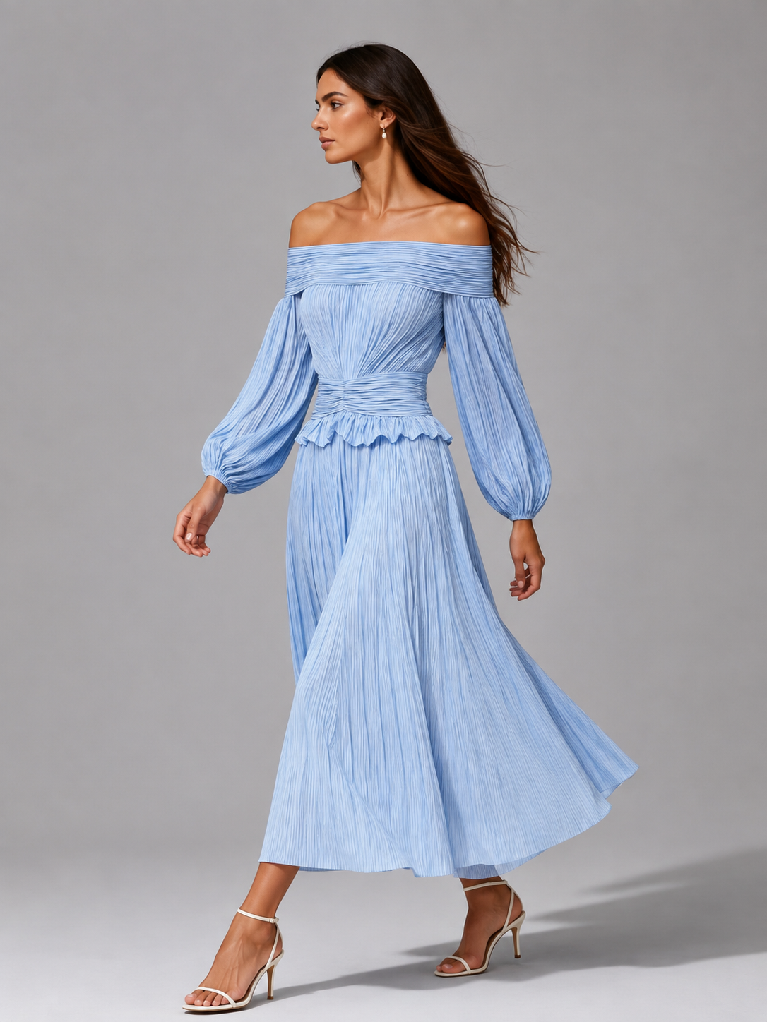 Off-shoulder pleated wedding guest midi dress for women view 3