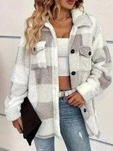 Peggy oversized plaid fleece button-up jacket, front view
