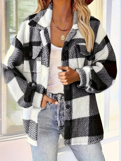 Oversized plaid fleece button-up jacket, side view