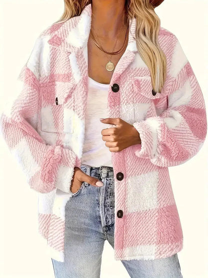 Oversized plaid fleece button-up jacket, back view