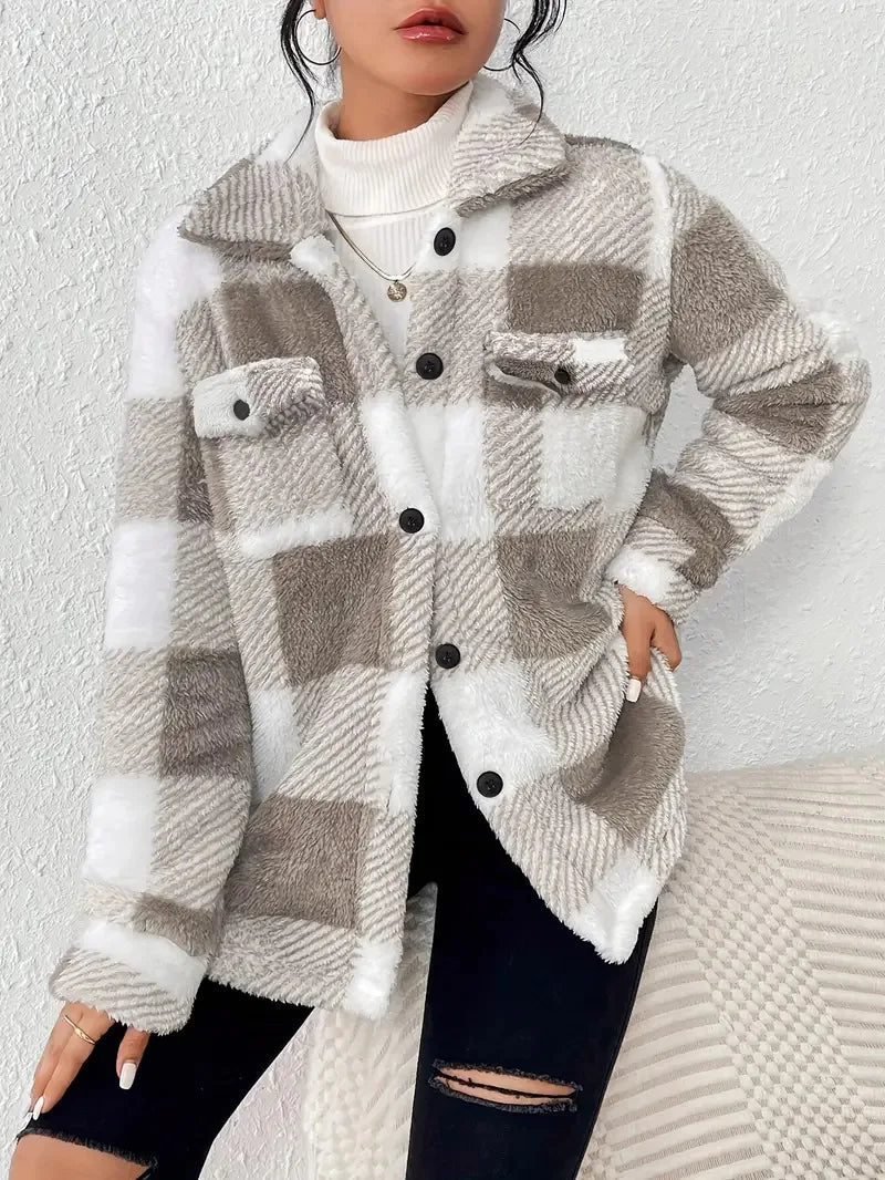 Oversized plaid fleece button-up jacket, close-up of the collar