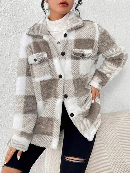 Oversized plaid fleece button-up jacket, close-up of the collar