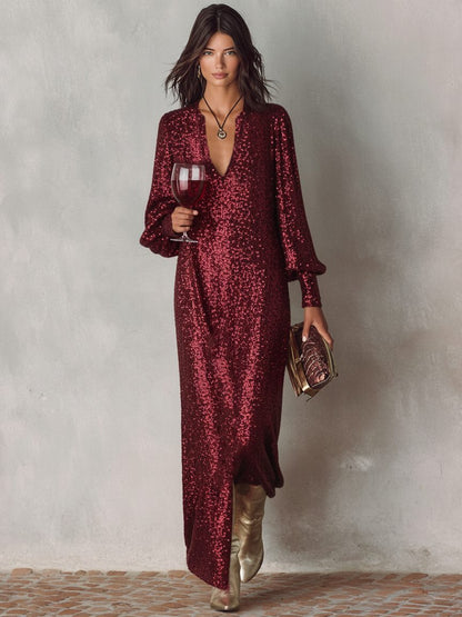 Perdita long sleeve sequin maxi dress in wine red, front view