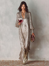 Perdita long sleeve sequin maxi dress in wine red, front view
