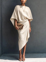 Philomena draped long sleeve midi dress in ivory, front view