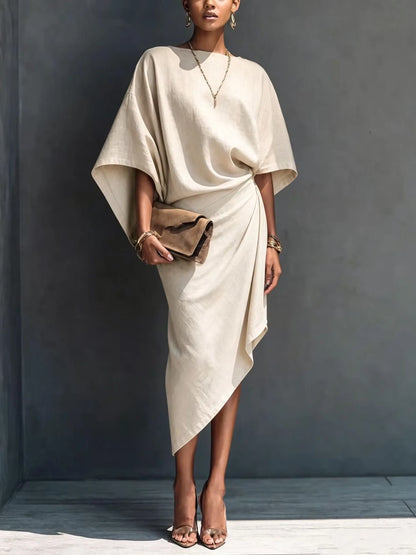 Philomena draped long sleeve midi dress in ivory, front view