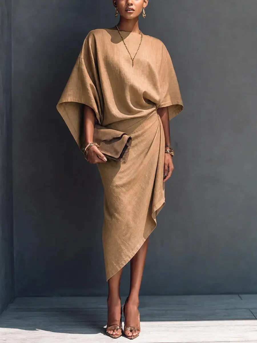 Draped long sleeve midi dress in camel