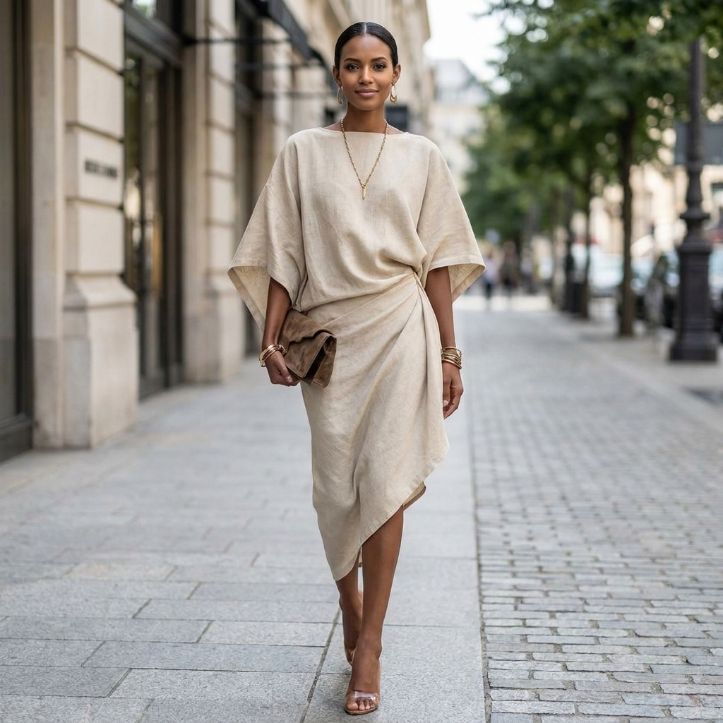 Draped long sleeve midi dress, view 3