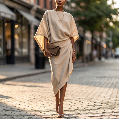 Draped long sleeve midi dress, view 4