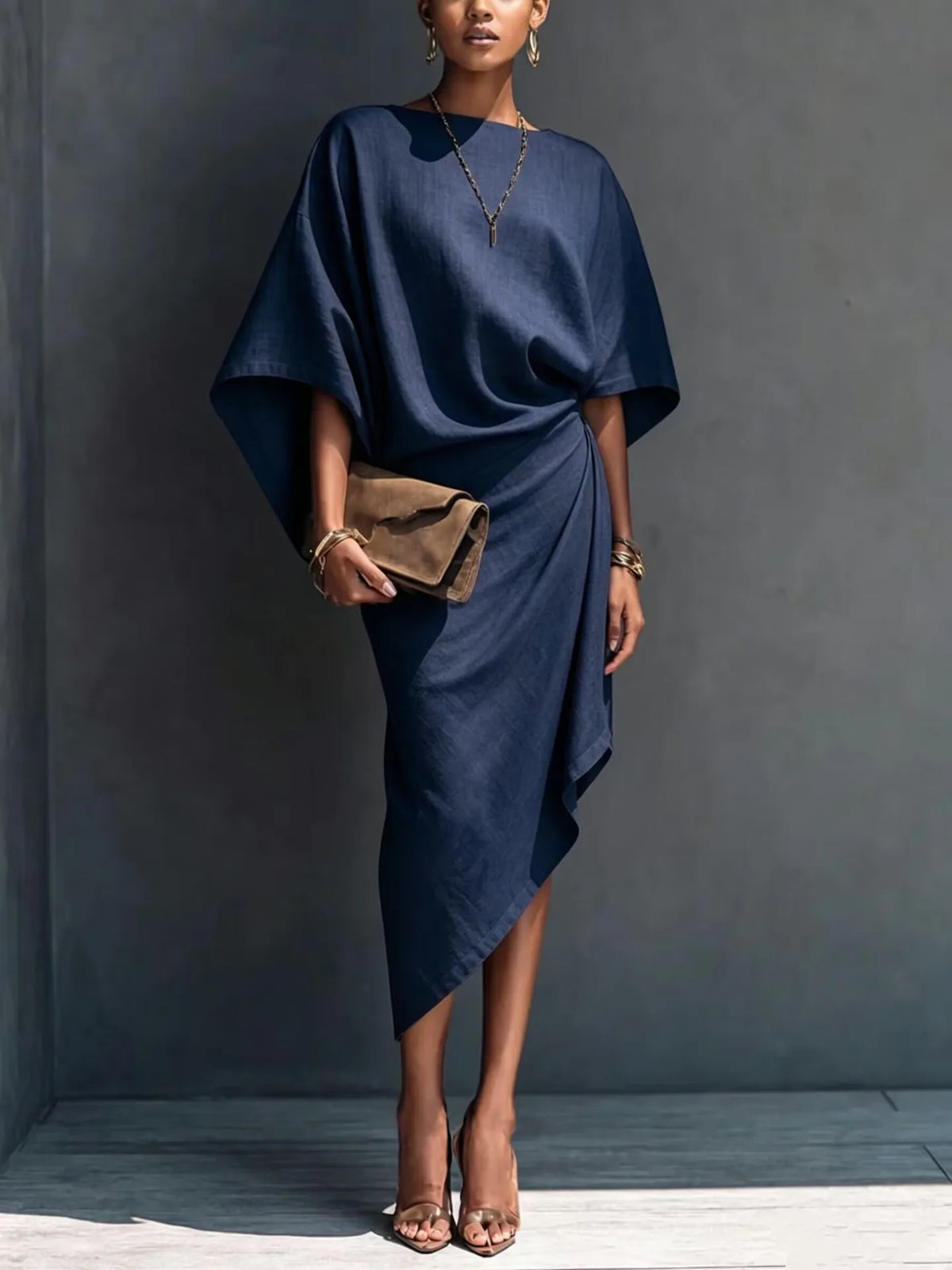 Draped long sleeve midi dress in navy blue