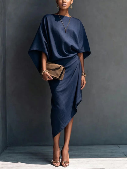Draped long sleeve midi dress in navy blue