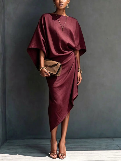 Draped long sleeve midi dress in burgundy