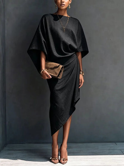 Draped long sleeve midi dress in black