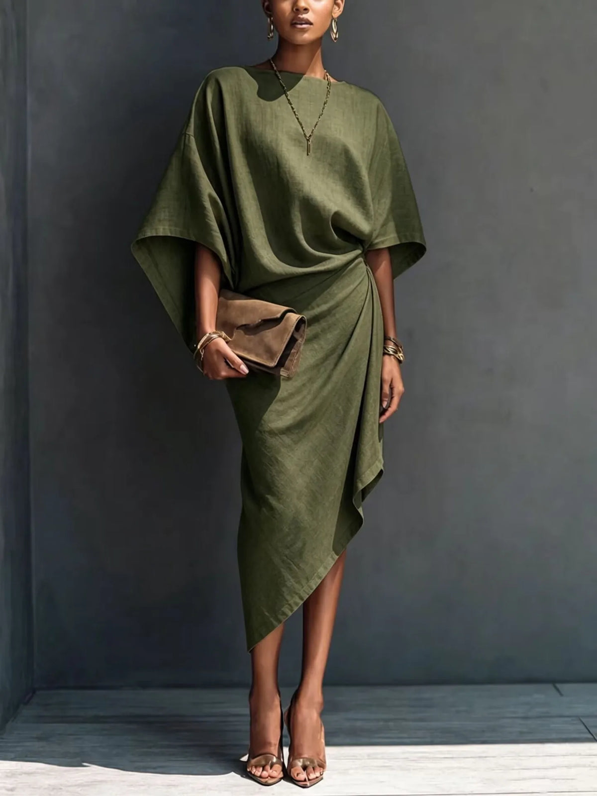 Draped long sleeve midi dress in army green
