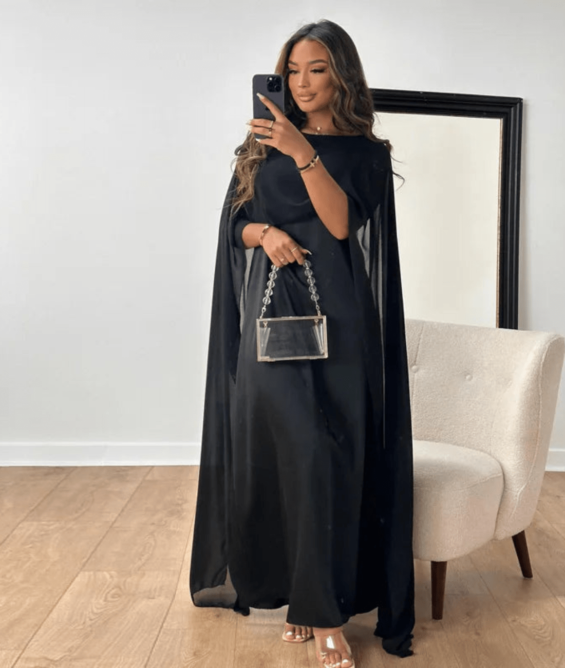Satin cape maxi dress front view