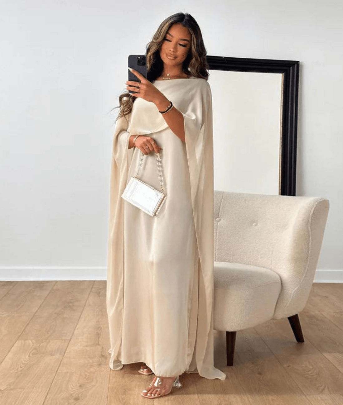 Cream satin cape maxi dress