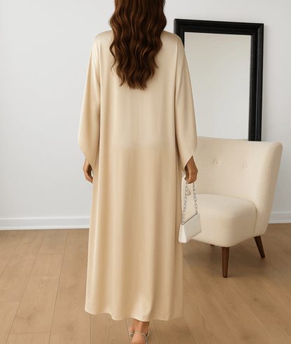 Satin cape maxi dress side view