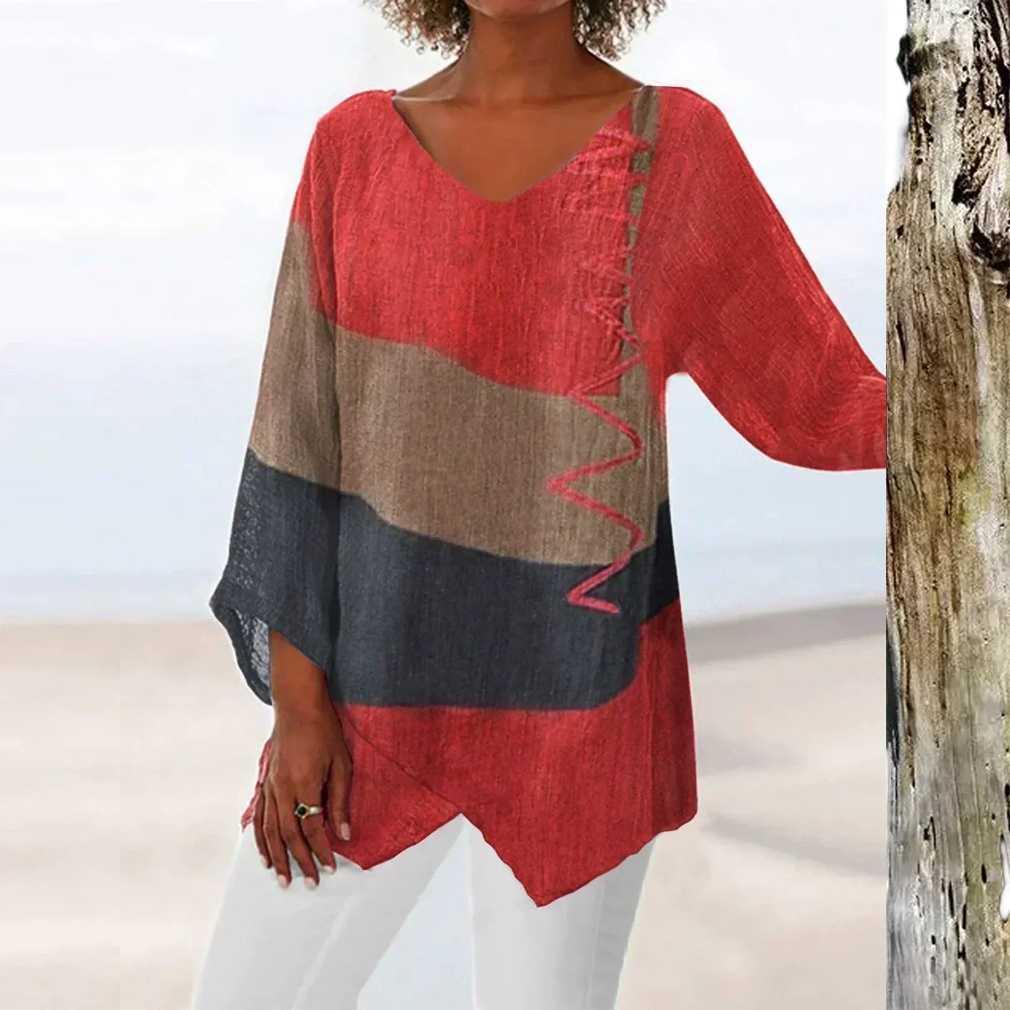 V-neck asymmetrical tunic, front view