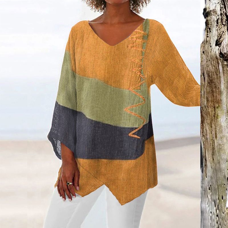 Asymmetrical tunic showing colour-block panels