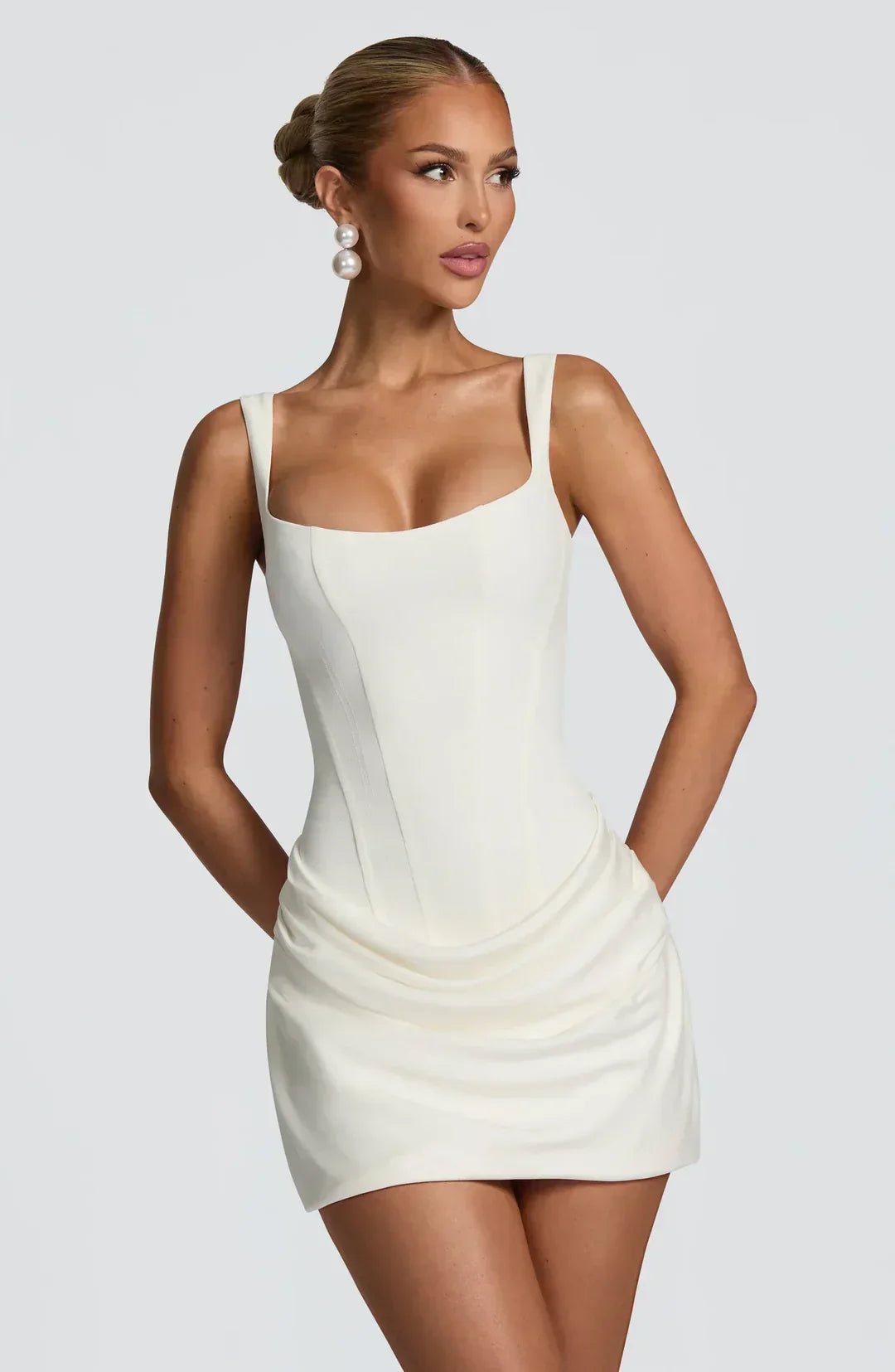 White draped corset mini dress