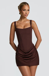 Brown draped corset mini dress